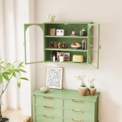 FURNIinspire Kitchen And Dining Cabinets Elegant Modern 2 Door Wall Cabinet Pantry Cabinets With 3 Shelves For Dining Room, Green, 9.06"*27.56"*23.62"