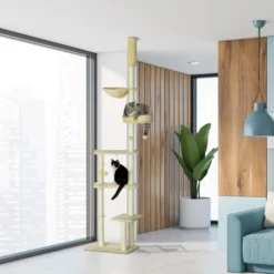 FURNIinspire Floor To Ceiling Cat Tree Adjustable Height, Cat Climbing Tower With Carpeted Platforms, Toy Balls, Beige, 21.25"*13.5"*98.5" -Home Haven Furniture Store GUEST 7ac18bec 74ab 420c bbae 53f329c68af9