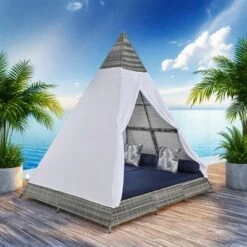 FURNIinspire Patio Chaise Lounges Patio Daybed With Cushions And Tent, Outdoor Wicker Sunbed For Backyard, Garden, Gray And Blue, 72.4“*90.5"*102.4" -Home Haven Furniture Store GUEST 7bec806e 5d40 456b 88aa 813fe2143667