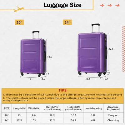 FURNIinspire Bag And Luggage Sets Luggage Set Travel Suitcase With Bags Spinner Wheels Abs Lightweight Suitcase, Purple, 16"*10"*24" 4 FURNIinspire Bag And Luggage Sets Luggage Set Travel Suitcase With Bags Spinner Wheels Abs Lightweight Suitcase, Purple, 16"*10"*24" - Image 2