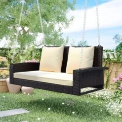 FURNIinspire Patio Swings Wicker Hanging Porch Swing With Chains With Cushion And Pillow, Patio Swing For Backyard, Brown And Beige, 50"*22"*21" -Home Haven Furniture Store GUEST 82191e3c 95d2 4a0c b8fb 1798d9daf7c8