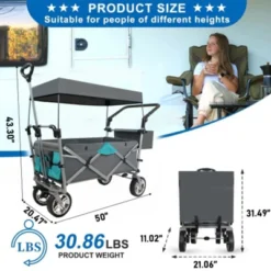 FURNIinspire Outdoor Serving Carts Push Pull Utility Folding Wagon With Removable Canopy For Camping Beach Outdoor, Gray, 50"*20.47"*43.3" -Home Haven Furniture Store GUEST 895fe454 4295 4414 933c 7955b54418f5
