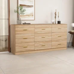 FURNIinspire Dressers Modern Natural 9 Drawer Dresser For Bedroom, Living Room, Nursery, Wooden Closet Storage Chest, Brown, 63"*15.55"*30.31" -Home Haven Furniture Store GUEST 90010ce3 eeda 4071 81c4 a2ce2aa7621f