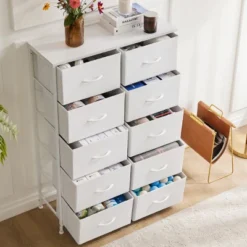 FURNIinspire Dressers 10 Drawer Fabric Tall Dresser Tower Closet Storage Chest Of Drawers For Bedroom Nursery, White, 11.8"*31.4"*45.6"
