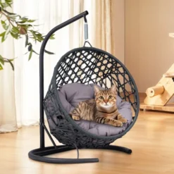 FURNIinspire Pet Beds Cat Swing Bed With Stand, Cushion, Rattan Wicker Cat Egg Chair, Indoor Cooling Pet Bed Dog Bed, Gray, 19.3"*19.3"*28.7" -Home Haven Furniture Store GUEST 959b0fda 2919 429e be2c 7fa767ba713b
