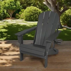 FURNIinspire Patio Accent Chairs Folding Adirondack Chair, Outdoor Adirondack Chair With Cup Holder, Wood Texture Folding Chair, Gray, 32"*29"*36"