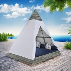 FURNIinspire Patio Chaise Lounges Patio Daybed With Cushions And Tent, Outdoor Wicker Sunbed For Backyard, Garden, Gray And Blue, 72.4“*90.5"*102.4" -Home Haven Furniture Store GUEST 9bff4767 82d4 4c3e b3d7 977073b8cf21