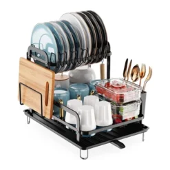 FURNIinspire Kitchen Racks 2 Tier Dish Drying Rack Kitchen Dish Rack With Drainboard Detachable Drainer Organizer, Black, 16.56"*14.57"*13.11" -Home Haven Furniture Store GUEST 9cf0fd42 fa5c 4eb4 ba10 1452d5bb8d8a