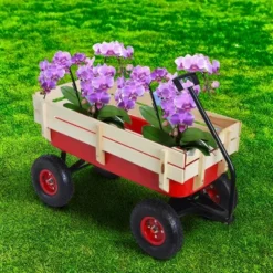 FURNIinspire Wheelbarrows And Lawn Carts Outdoor Sport Wagon Tools Cart Wooden Side Panels Air Tires Wagon, Garden Cart With Handle, Red, 39β*16"*20"