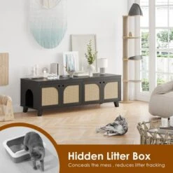 FURNIinspire Pet Crates And Houses Double Large Hidden Cat Litter Box Enclosure Furniture Cabinet With Rattan Doors, Black, 57.9"*19.7"*19.7" -Home Haven Furniture Store GUEST a19484dc 1230 4412 9f56 9c39c0c19495