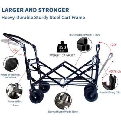 FURNIinspire Outdoor Serving Carts Collapsible Wagon Foldable With Removable Canopy Wheels For All-Terrain Brake For Camping, Blue, 35.4"*19.7"*44.5" 6 FURNIinspire Outdoor Serving Carts Collapsible Wagon Foldable With Removable Canopy Wheels For All-Terrain Brake For Camping, Blue, 35.4"*19.7"*44.5" - Image 4