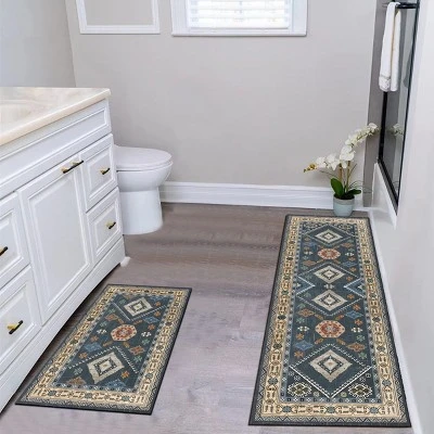 FURNIinspire Floor Mats Home 2 Piece Kitchen Rug Machine Washable Floor Mat For Living Room, Vintage Carpet, Non Slip, Blue, 60"*20"