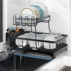 FURNIinspire Dish Racks 2-Tier Kitchen Holder Dish Drying Rack Detachable Drainer Organizer Utensil Cup Rack Swivel, Black, 17.36"*12.68"*4.29"