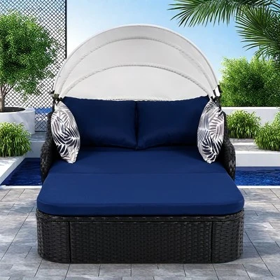 FURNIinspire Patio Chaise Lounges Outdoor Sunbed With Adjustable Canopy, Patio Chaise Lounge, Black Wicker Daybed And Blue Cushion, 79.9“*52.4"*49.6" 3 FURNIinspire Patio Chaise Lounges Outdoor Sunbed With Adjustable Canopy, Patio Chaise Lounge, Black Wicker Daybed And Blue Cushion, 79.9“*52.4"*49.6"