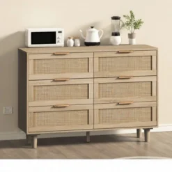 FURNIinspire Dressers 6 Drawers Rattan Storage Cabinet Dresser Organizer For Bedroom, Nursery, Modern Clothes Closet, Brown, 43.31"*15.75"*29.53" -Home Haven Furniture Store GUEST aaed3945 e12d 4200 ad1f 03cd353e77fd