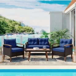 FURNIinspire Patio Seating Sets 4-Pieces Outdoor Wicker Seating Set, Conversation Sofa Set, Sofa Set And Wood Table, Brown And Blue, 46“*25”*28“ -Home Haven Furniture Store GUEST ad1583e4 58ed 4b18 a66b 8946f410e908