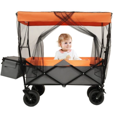 FURNIinspire Outdoor Serving Carts 480Lbs Collapsible Wagon With Canopy Lightweight Foldable Wagon With Mosquito Net, Orange, 45.28"*22.83"*38.78" 7 FURNIinspire Outdoor Serving Carts 480Lbs Collapsible Wagon With Canopy Lightweight Foldable Wagon With Mosquito Net, Orange, 45.28"*22.83"*38.78" - Image 5