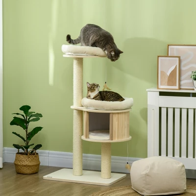 FURNIinspire Pet Tower 3 Level Cat Tree Cat Playhouse Cat Tower, Cat Toy Pet Furniture With Scratching Posts, Soft Cushion, Brown, 25.5"*17.75"*46.5" 7 FURNIinspire Pet Tower 3 Level Cat Tree Cat Playhouse Cat Tower, Cat Toy Pet Furniture With Scratching Posts, Soft Cushion, Brown, 25.5"*17.75"*46.5" - Image 5