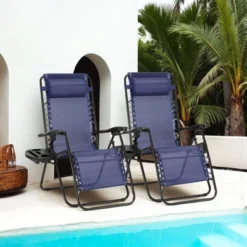 FURNIinspire Outdoor Portable Chairs Lounge Chairs Patio Folding Recliners For Pool Beach Garden With Pillow And Cup Holder, Blue, 62.8"*24.22"*43.3" -Home Haven Furniture Store GUEST b812c9c3 a2c1 4dd3 a6bd 994731d2b16b
