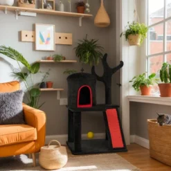 FURNIinspire Pet Tower Halloween Cat Tree Cute Cat Tower With Condo, Scratching Post, Indoor Pet Furniture Kitten Gift, Black, 25.35"*21.45"*40.95"