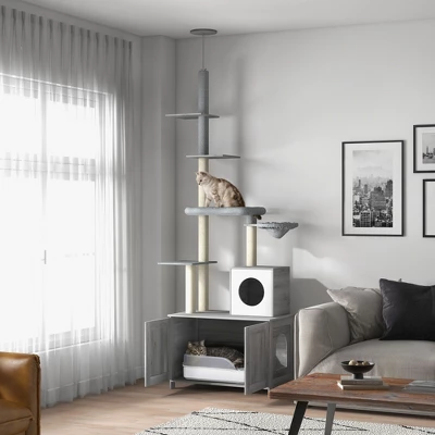 FURNIinspire Pet Tower Cat Playhouse Cat Tree Cat Tower With Litter Box Enclosure, Hammock, Scratching Posts, Platforms, Gray, 31.5"*18.9"*102.4" 7 FURNIinspire Pet Tower Cat Playhouse Cat Tree Cat Tower With Litter Box Enclosure, Hammock, Scratching Posts, Platforms, Gray, 31.5"*18.9"*102.4" - Image 5