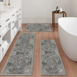 FURNIinspire Floor Mats 3 Piece Kitchen Rug Machine Washable Floor Mat For Living Room, Collection Pattern Carpet, Non Slip, Grey, 60"*20"