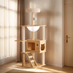FURNIinspire Pet Tower Modern Cat Tower Cat Tree Indoor Kitty Playhouse, Cat Condo Hammock, Scratching Posts, Pet Furniture, Brown, 15.5"*18.7"*48.4" -Home Haven Furniture Store GUEST bed3436a 3878 4fa8 9b76 88e793443382