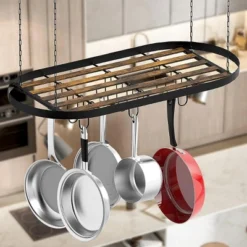 FURNIinspire Kitchen Rack 33" Oval Cookware Hanging Pot Rack Ceiling Mount Organizer 12 Hooks Pots Pans Storage Kitchen, Black, 33.54"*17.36"*1.56" -Home Haven Furniture Store GUEST bf86eab6 8c7d 421e 8eba 585b6f3f35e7