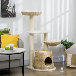 FURNIinspire Cat Tree Kitty Activity Center, Cat Climbing Toy With Cattail Fluff, Bed, Condo, Sisal Scratching Post, Natural, 19.8"*19.8"*46.8" -Home Haven Furniture Store GUEST c146339b acd6 4f56 a964 645dd6a38448