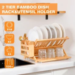 FURNIinspire Kitchen Racks 3 Tier Bamboo Dish Rack, Foldable Wood Dish Drying Rack Kitchen Organizer With Utensil Holder, Brown, 16.1"*9.8"*9.6" -Home Haven Furniture Store GUEST c366f464 430c 40cf 8918 c3e22f4b052a