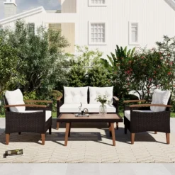 FURNIinspire Patio Seating Sets 4-Pieces Outdoor Wicker Seating Set, Conversation Sofa Set, Sofa Set And Wood Table, Brown And Beige, 46“*25”*28“ -Home Haven Furniture Store GUEST c5283f7f 99a3 4087 9768 c9f174c66aa5