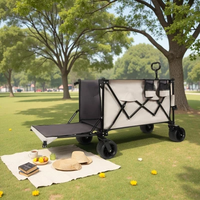 FURNIinspire Outdoor Serving Carts Outdoor Cart, Outdoor Carts With Wheels, Extra Long Beach Cart Outdoor Utility Cart, Beige, 35.43"*22.83"*43.34" 7 FURNIinspire Outdoor Serving Carts Outdoor Cart, Outdoor Carts With Wheels, Extra Long Beach Cart Outdoor Utility Cart, Beige, 35.43"*22.83"*43.34" - Image 5