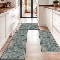 FURNIinspire Floor Mats Home 3 Piece Kitchen Rug Machine Washable Floor Mat For Living Room, Vintage Carpet, Non Slip, Blue, 60"*20"