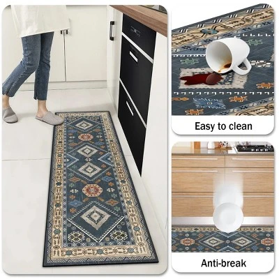 FURNIinspire Floor Mats 4 Piece Farmhouse Kitchen Rug Washable Area Rugs Non Skid Bohemian Mat For Hallway Entryway, Blue, 60"*20" 6 FURNIinspire Floor Mats 4 Piece Farmhouse Kitchen Rug Washable Area Rugs Non Skid Bohemian Mat For Hallway Entryway, Blue, 60"*20" - Image 4