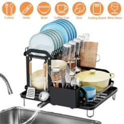 FURNIinspire Kitchen Racks 2 Tier Dish Drying Rack Kitchen Dish Rack With Drainboard Detachable Drainer Organizer, Black, 16.56"*14.57"*13.11"
