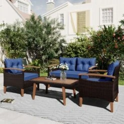 FURNIinspire Patio Seating Sets 4-Pieces Outdoor Wicker Seating Set, Conversation Sofa Set, Sofa Set And Wood Table, Brown And Blue, 46β*25β*28β