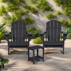 FURNIinspire Patio Seating Sets Folding Adirondack Chairs With Side Table, 3-Piece Rocking Chairs Set With Wood Texture, Black, 30β*28β*35β