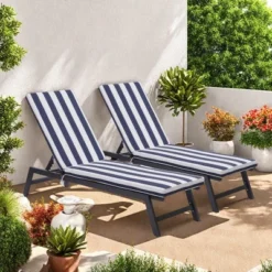 FURNIinspire Outdoor Seat Cushions 2pcs Stripe Patio Furniture Seat Cushion Replacement For Chaise Lounge, Removable Cover, Blue, 74.4"*22.05"*2.76" -Home Haven Furniture Store GUEST de704621 ccd0 4f5f 8193 498ee439c657