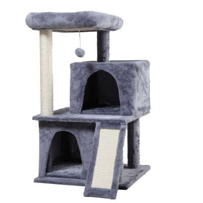 FURNIinspire Pet Tower Double Layer Cat Tree With Cat House And Ladder Light, Modern Cat Furniture, Gray, 19.70"*17.70"*34.00" 4 FURNIinspire Pet Tower Double Layer Cat Tree With Cat House And Ladder Light, Modern Cat Furniture, Gray, 19.70"*17.70"*34.00" - Image 2