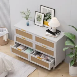 FURNIinspire Dressers Rattan Storage Cabinet Clothes Storage Cabinet With 6 Drawer For Bedroom Nursery, Large Capacity, White, 43.31"*15.75"*29.53" -Home Haven Furniture Store GUEST e5302a9b 69d5 45ed a9c3 2a856829e29b