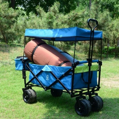 FURNIinspire Outdoor Serving Carts Collapsible Wagon Foldable With Removable Canopy Wheels For All-Terrain Brake For Camping, Blue, 35.4"*19.7"*44.5" 3 FURNIinspire Outdoor Serving Carts Collapsible Wagon Foldable With Removable Canopy Wheels For All-Terrain Brake For Camping, Blue, 35.4"*19.7"*44.5"