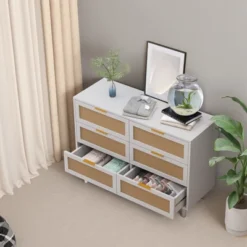 FURNIinspire Dressers Rattan Storage Cabinet Clothes Storage Cabinet With 6 Drawer For Bedroom Nursery, Large Capacity, White, 51.18"*15.75"*29.72" -Home Haven Furniture Store GUEST e7adc2b2 9e2d 4eb1 aca3 7f2c57ad6890