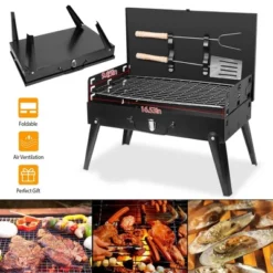 FURNIinspire Outdoor Grills, Griddles And Smokers 3 Level Adjustable Outdoor BBQ With Wind Guard Tools For Camping, Picnics, Black, 17.7"*11.02"*3.1" -Home Haven Furniture Store GUEST e8ef019e 100b 4605 9727 db45912d5d01