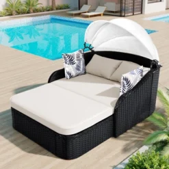 FURNIinspire Patio Chaise Lounges Outdoor Sunbed With Adjustable Canopy, Patio Chaise Lounge, Black Wicker Daybed And Beige Cushion, 79.9“*52.4"*49.6" -Home Haven Furniture Store GUEST ee0e817a 48f3 46a5 ab02 ca37cd6a940c