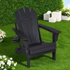 FURNIinspire Patio Accent Chairs Folding Adirondack Chair, Outdoor Adirondack Chair With Cup Holder, Wood Texture Folding Chair, Black, 32"*29"*36" -Home Haven Furniture Store GUEST ee78dbf2 2a95 4502 a660 3a92dadd0ee9
