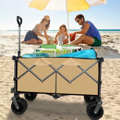 FURNIinspire Outdoor Serving Carts Heavy Duty Foldable Utility Wagon Terrain Quiet Wheels For Camping Gardening Picnic, Brown, 38.58"*24.02"*39.17" 4 FURNIinspire Outdoor Serving Carts Heavy Duty Foldable Utility Wagon Terrain Quiet Wheels For Camping Gardening Picnic, Brown, 38.58"*24.02"*39.17" - Image 2