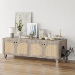 FURNIinspire Pet Crates And Houses Double Large Hidden Cat Litter Box Enclosure Furniture Cabinet With Rattan Doors, Brown, 57.9"*19.7"*19.7" -Home Haven Furniture Store GUEST f379a262 4649 4fbc 95ff 83caa63eaf1d