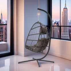 FURNIinspire Patio Swings Outdoor Indoor Outdoor Wicker Hanging Chair Swing Chair Egg Chair, Patio Swing With Gray Cushion, Gray, 36“*36"*77" -Home Haven Furniture Store GUEST f59f7203 c1bf 4be7 85cf e318c885499b