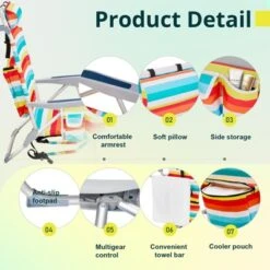 FURNIinspire Outdoor Portable Chair Lightweight With Adjustable Back And Storage Pockets For Outdoor Fun, Rainbow Stripes, 24.8"*25.6"*32.28"