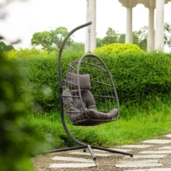 FURNIinspire Patio Swings Outdoor Indoor Outdoor Wicker Hanging Chair Swing Chair Egg Chair, Patio Swing With Gray Cushion, Gray, 36“*36"*77" -Home Haven Furniture Store GUEST f7f85132 271f 4503 b06d e499919d91f3